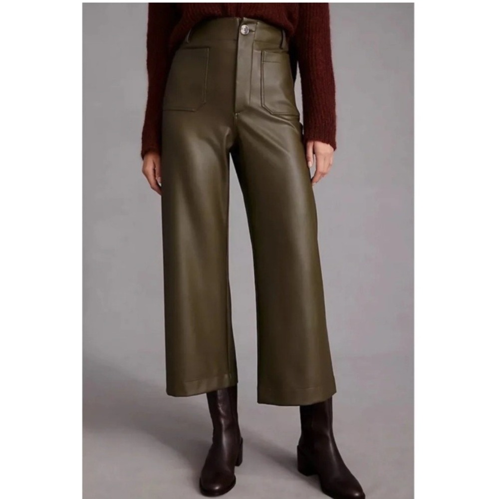 Maeve Anthropologie The Colette Faux Leather Wide Leg Pants Olive‎ Green Size 34